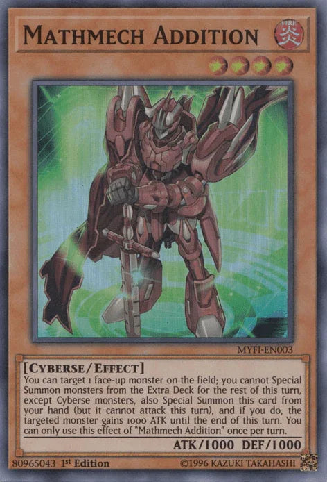 1st Edition, Cyberse, Effect Monster, Fire, Mystic Fighters, Super Rare Mathmech Addition [MYFI-EN003] Super Rare - Trading Card World