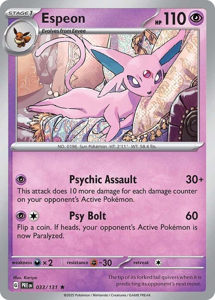 033, Darkness [x2], Fighting [-30], Holofoil, Psychic, Rare, Reverse Holofoil, Scarlet & Violet: Prismatic Evolutions Espeon (033/131) [Scarlet & Violet: Prismatic Evolutions] - Trading Card World
