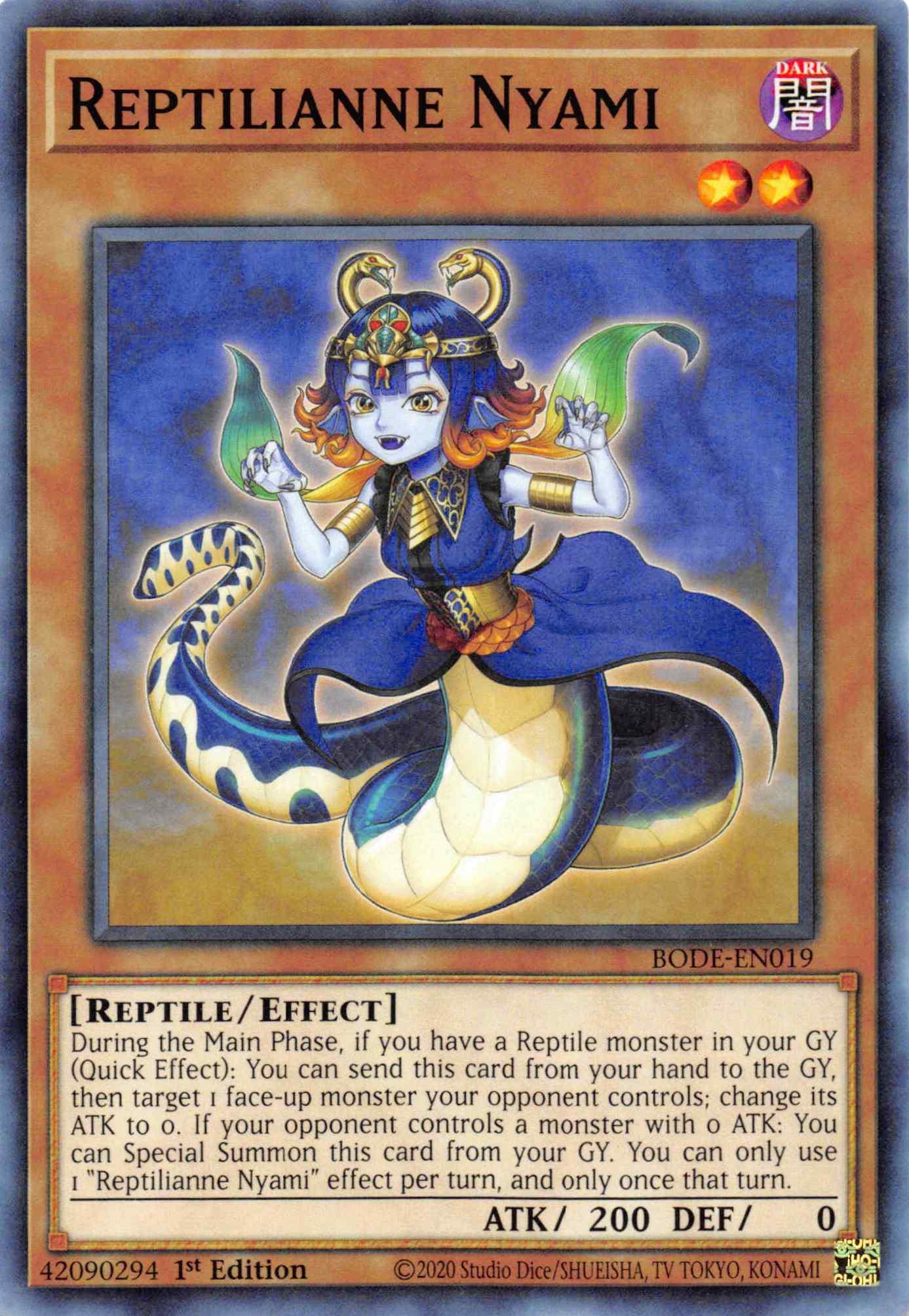 1st Edition, Burst of Destiny, Common, Dark, Effect Monster, Reptile Reptilianne Nyami [BODE-EN019] Common - Trading Card World