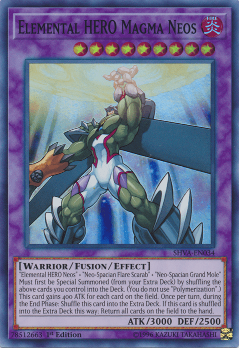 1st Edition, Fire, Fusion/Effect Monster, Shadows in Valhalla, Super Rare, Warrior Elemental HERO Magma Neos [SHVA-EN034] Super Rare - Trading Card World