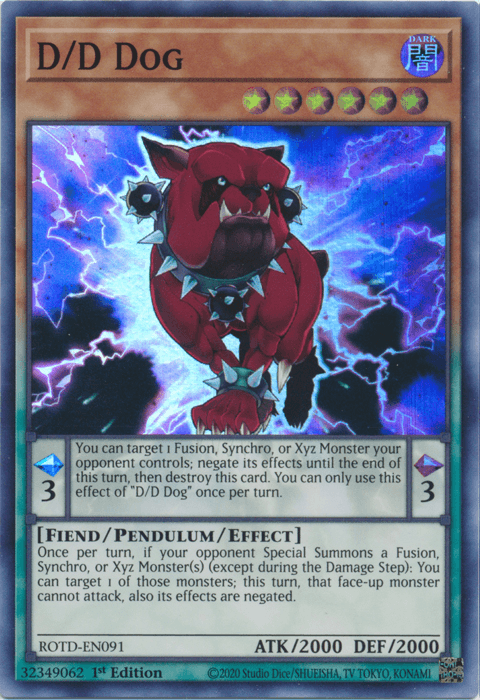 1st Edition, Dark, Fiend, Pendulum/Effect Monster, Rise of the Duelist, Super Rare D/D Dog [ROTD-EN091] Super Rare - Trading Card World