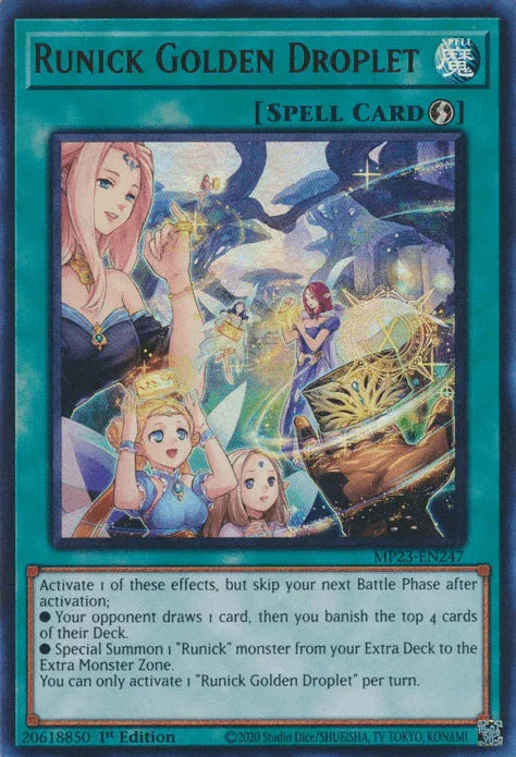 1st Edition, Dueling Heroes Collectors Tin - Mega Pack (25th Anniversary Edition), Quick-Play Spell, Spell, Ultra Rare Runick Golden Droplet [MP23-EN247] Ultra Rare - Trading Card World