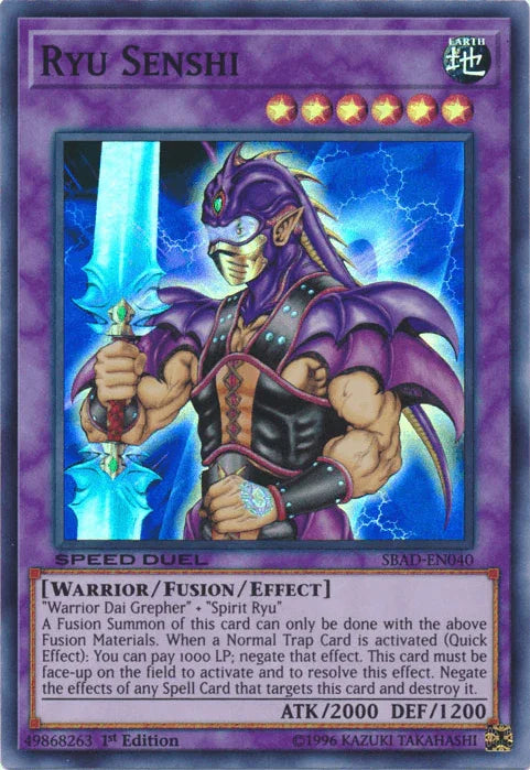 1st Edition, Earth, Fusion/Effect Monster, Speed Duel: Attack from the Deep, Super Rare, Warrior Ryu Senshi [SBAD-EN040] Super Rare - Trading Card World