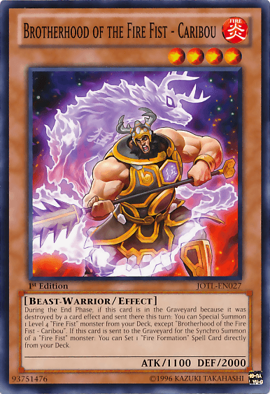 1st Edition, Beast-Warrior, Common, Effect Monster, Fire, Judgment of the Light, Unlimited Brotherhood of the Fire Fist - Caribou [JOTL-EN027] Common - Trading Card World