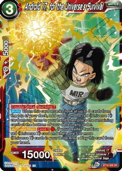Android 17, Android Universe 7, Battle, BT16-008, Parallel Foil, Realm of the Gods, Red, Super Rare, Universe Survival Saga Android 17, for the Universe's Survival (BT16-008) [Realm of the Gods] - Trading Card World