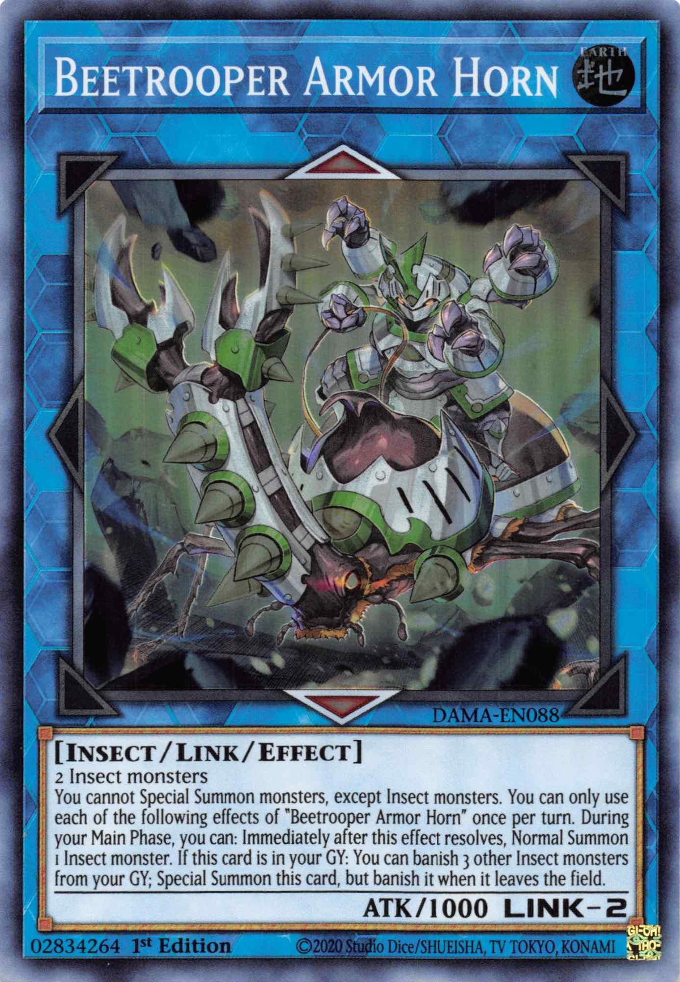 1st Edition, Dawn of Majesty, Earth, Insect, Link/Effect Monster, Super Rare Beetrooper Armor Horn [DAMA-EN088] Super Rare - Trading Card World
