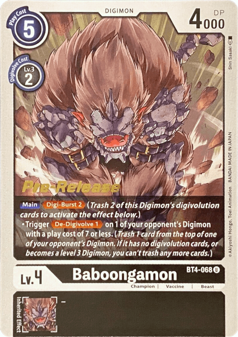 Beast, Black, BT4-068, Champion, Digimon, Great Legend Pre-Release Promos, Uncommon, Vaccine Baboongamon [BT4-068] [Great Legend Pre-Release Promos] - Trading Card World