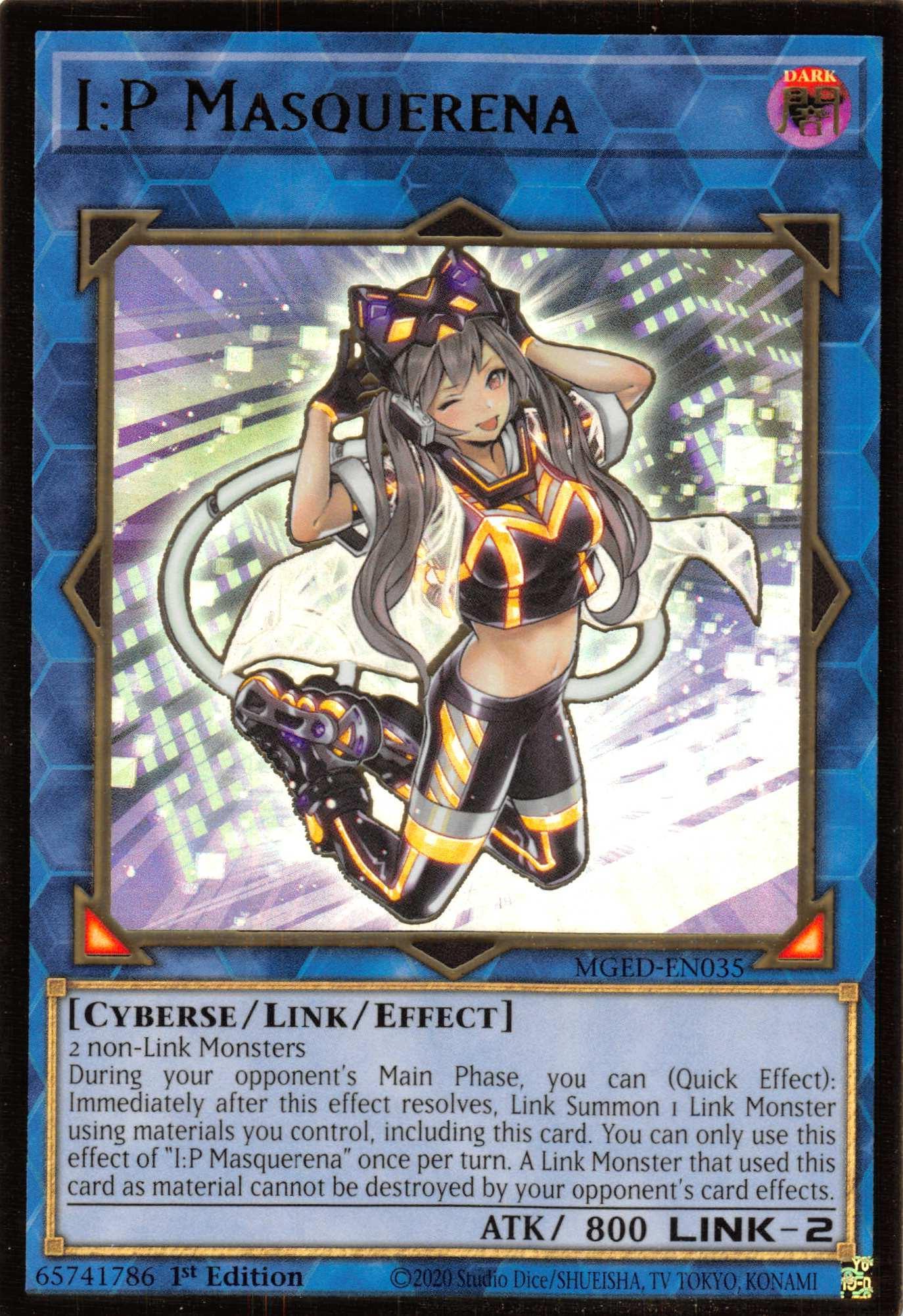 1st Edition, Cyberse, Dark, Gold Rare, Link/Effect Monster, Maximum Gold: El Dorado I:P Masquerena [MGED-EN035] Gold Rare - Trading Card World