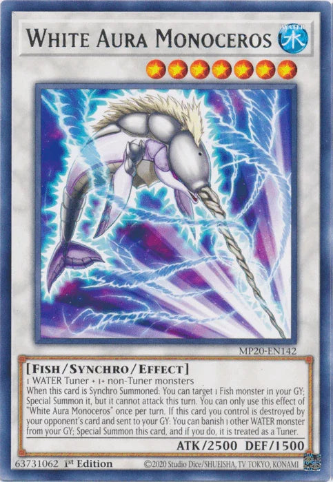 1st Edition, 2020 Tin of Lost Memories, Fish, Rare, Synchro/Effect Monster, Water White Aura Monoceros [MP20-EN142] Rare - Trading Card World