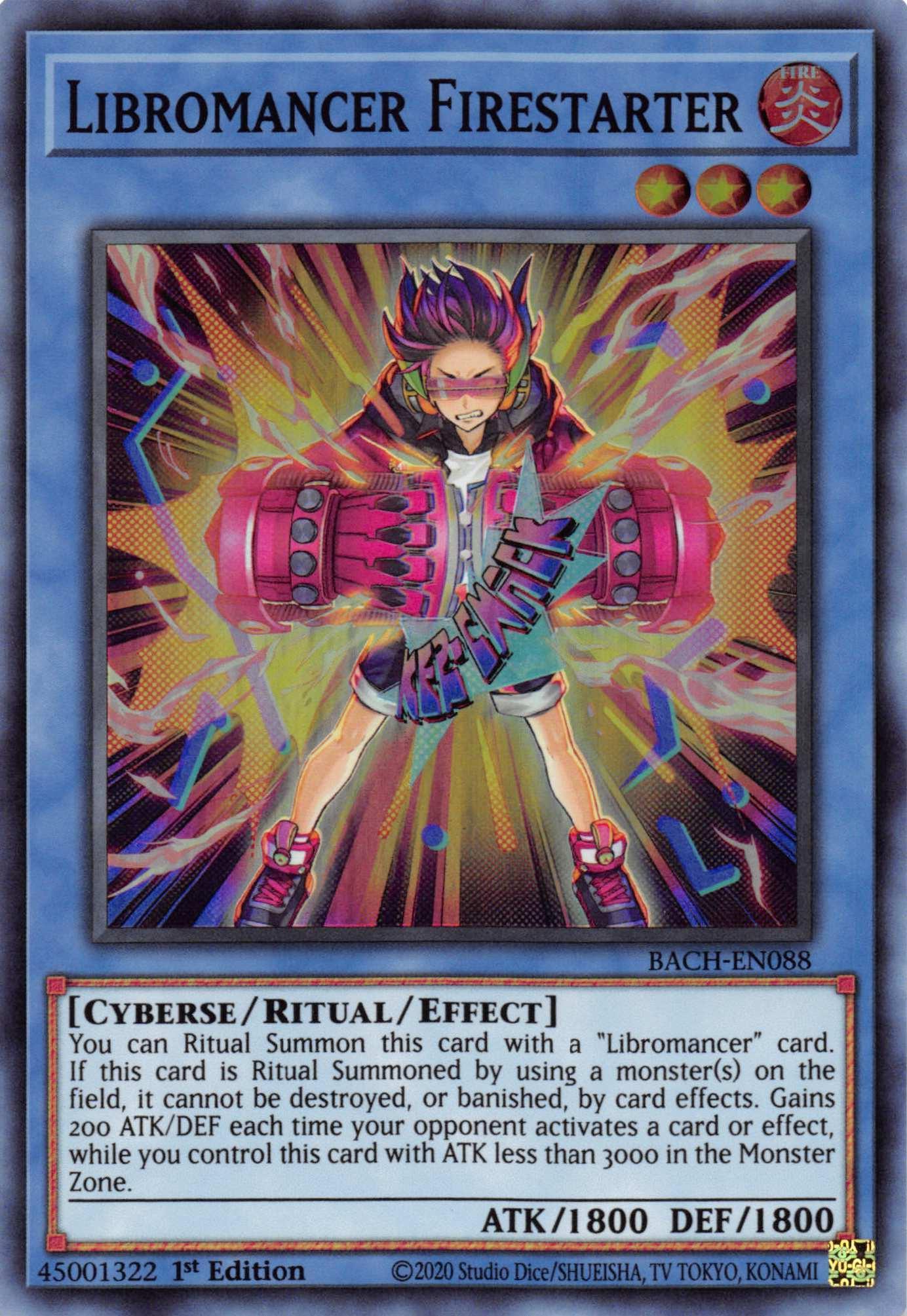 1st Edition, Battle of Chaos, Cyberse, Fire, Ritual/Effect Monster, Super Rare Libromancer Firestarter [BACH-EN088] Super Rare - Trading Card World