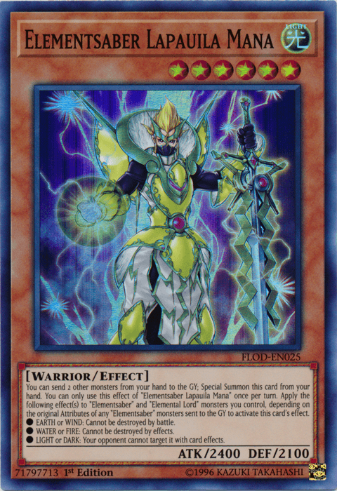 1st Edition, Effect Monster, Flames of Destruction, Light, Super Rare, Unlimited, Warrior Elementsaber Lapauila Mana [FLOD-EN025] Super Rare - Trading Card World