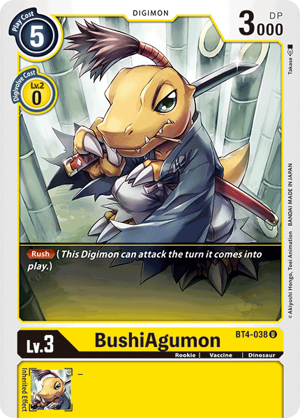 BT4-038, Digimon, Dinosaur, Great Legend, Rookie, Uncommon, Vaccine, Yellow BushiAgumon [BT4-038] [Great Legend] - Trading Card World