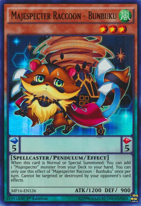 1st Edition, 2016 Mega-Tins Mega Pack, Pendulum/Effect Monster, Spellcaster, Ultra Rare, Unlimited, Wind Majespecter Raccoon - Bunbuku [MP16-EN126] Ultra Rare - Trading Card World