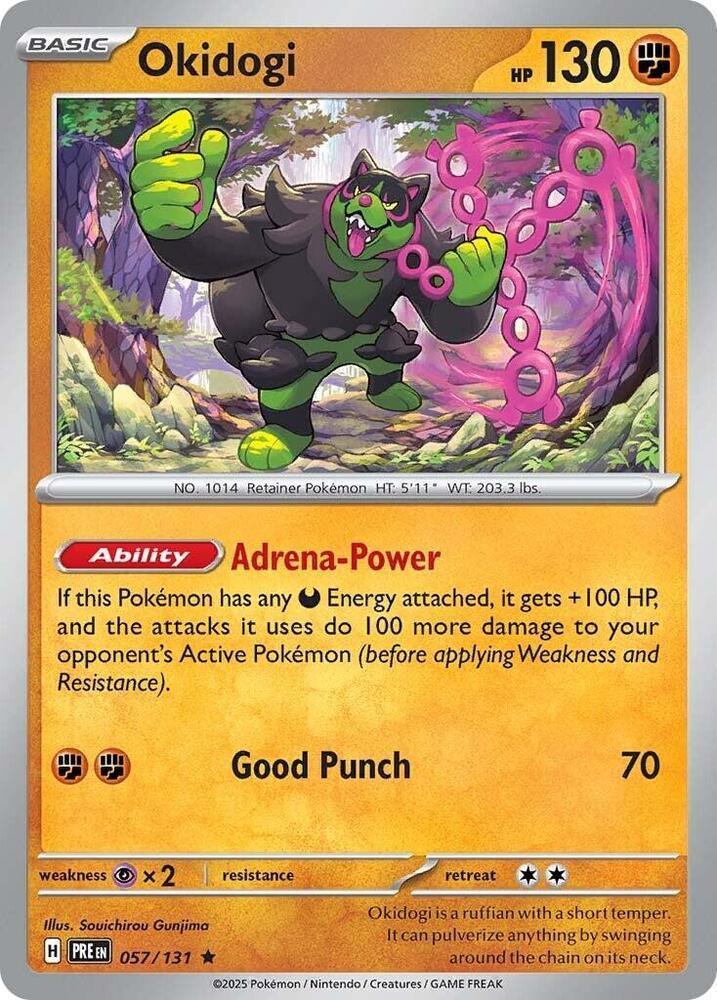 057, Fighting, Holofoil, Psychic [x2], Rare, Reverse Holofoil, Scarlet & Violet: Prismatic Evolutions Okidogi (057/131) [Scarlet & Violet: Prismatic Evolutions] - Trading Card World