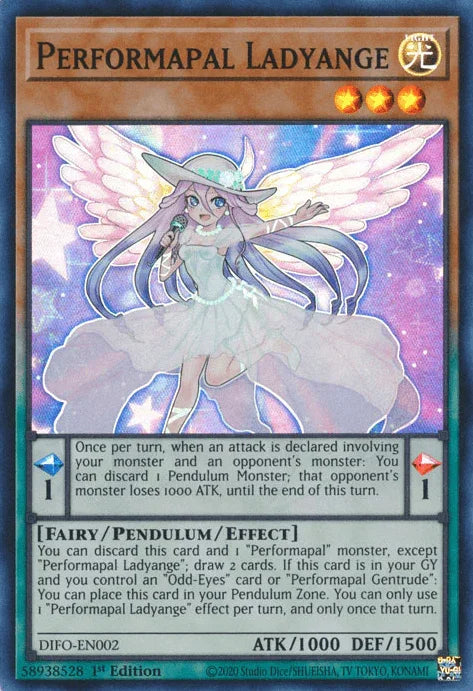 1st Edition, Dimension Force, Fairy, Light, Pendulum/Effect Monster, Super Rare Performapal Ladyange [DIFO-EN002] Super Rare - Trading Card World