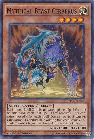 1st Edition, Battle Pack 3: Monster League, Effect Monster, Light, Shatterfoil Rare, Spellcaster Mythical Beast Cerberus [BP03-EN018] Shatterfoil Rare - Trading Card World