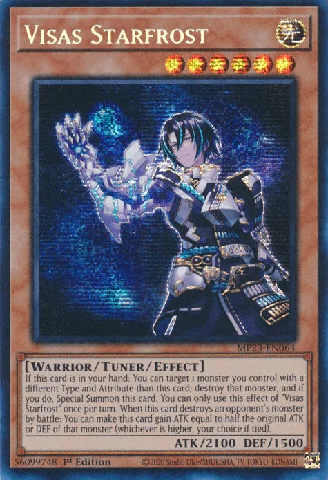1st Edition, Dueling Heroes Collectors Tin - Mega Pack (25th Anniversary Edition), Light, Prismatic Secret Rare, Tuner/Effect Monster, Warrior Visas Starfrost [MP23-EN064] Prismatic Secret Rare - Trading Card World