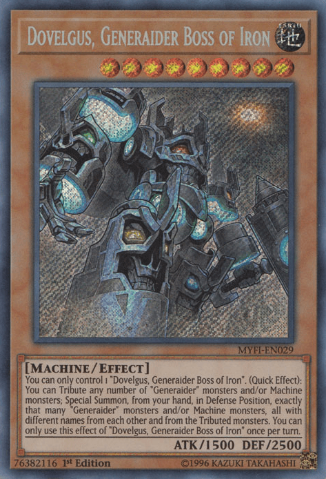 1st Edition, Earth, Effect Monster, Machine, Mystic Fighters, Secret Rare Dovelgus, Generaider Boss of Iron [MYFI-EN029] Secret Rare - Trading Card World