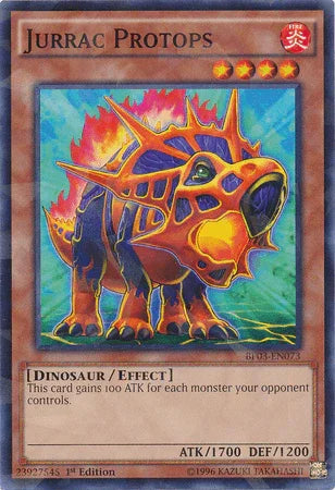 1st Edition, Battle Pack 3: Monster League, Dinosaur, Effect Monster, Fire, Shatterfoil Rare Jurrac Protops [BP03-EN073] Shatterfoil Rare - Trading Card World