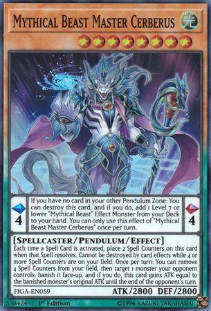 1st Edition, Fists of the Gadgets, Light, Pendulum/Effect Monster, Spellcaster, Super Rare Mythical Beast Master Cerberus [FIGA-EN059] Super Rare - Trading Card World