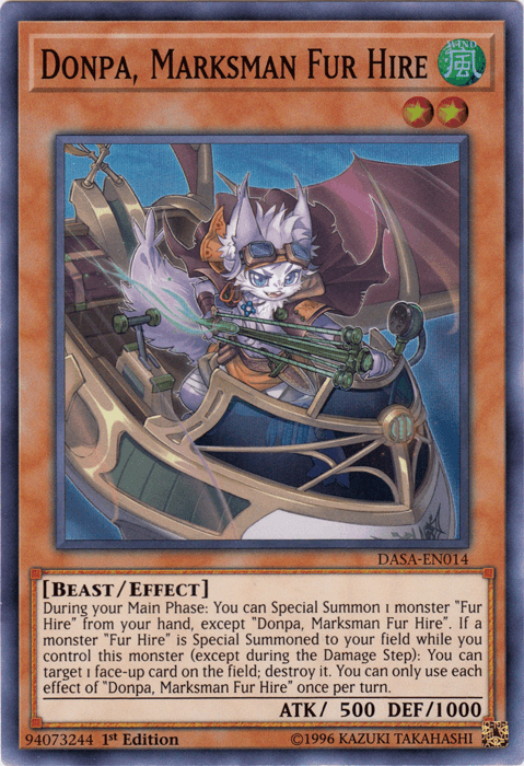 1st Edition, Beast, Dark Saviors, Effect Monster, Super Rare, Unlimited, Wind Donpa, Marksman Fur Hire [DASA-EN014] Super Rare - Trading Card World