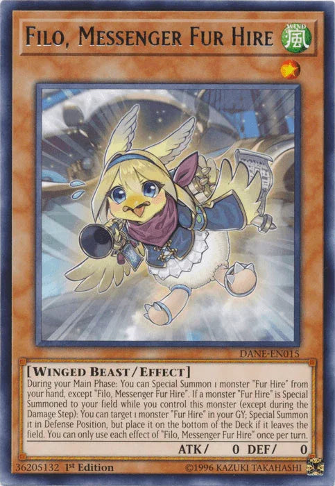 1st Edition, Dark Neostorm, Effect Monster, Rare, Unlimited, Wind, Winged Beast Filo, Messenger Fur Hire [DANE-EN015] Rare - Trading Card World
