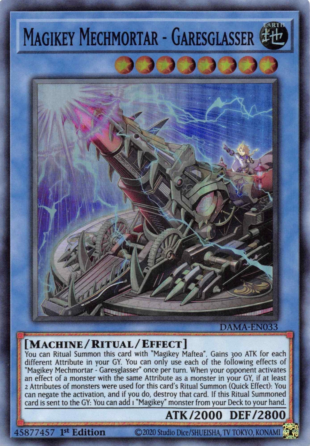 1st Edition, Dawn of Majesty, Earth, Machine, Ritual/Effect Monster, Super Rare Magikey Mechmortar - Garesglasser [DAMA-EN033] Super Rare - Trading Card World
