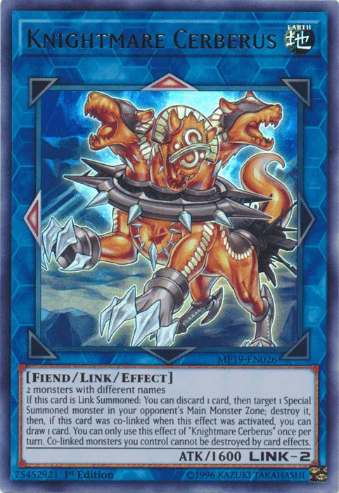 1st Edition, 2019 Gold Sarcophagus Tin Mega Pack, Earth, Fiend, Link/Effect Monster, Ultra Rare, Unlimited Knightmare Cerberus [MP19-EN026] Ultra Rare - Trading Card World