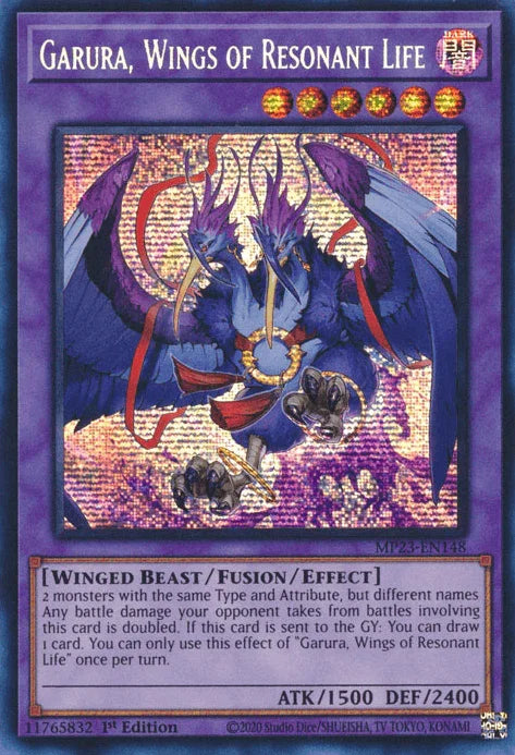 1st Edition, Dark, Dueling Heroes Collectors Tin - Mega Pack (25th Anniversary Edition), Fusion/Effect Monster, Prismatic Secret Rare, Winged Beast Garura, Wings of Resonant Life [MP23-EN148] Prismatic Secret Rare - Trading Card World