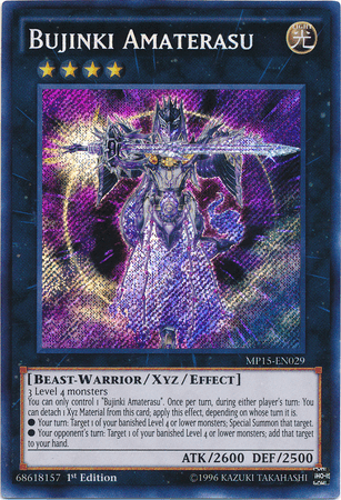 1st Edition, 2015 Mega-Tins Mega Pack, Beast-Warrior, Light, Secret Rare, Xyz/Effect Monster Bujinki Amaterasu [MP15-EN029] Secret Rare - Trading Card World