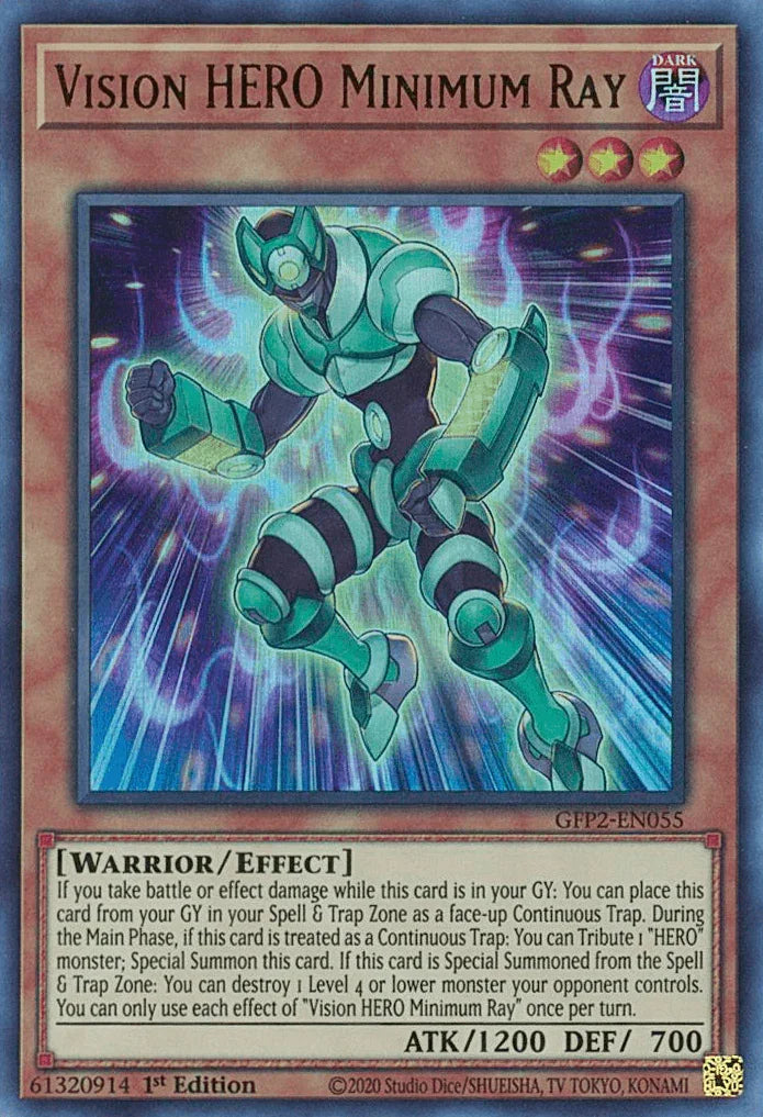 1st Edition, Dark, Effect Monster, Ghosts From the Past: The 2nd Haunting, Ultra Rare, Warrior Vision HERO Minimum Ray [GFP2-EN055] Ultra Rare - Trading Card World