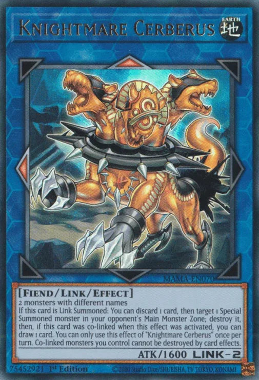 1st Edition, Dark, Fiend, Link/Effect Monster, Magnificent Mavens, Ultra Rare Knightmare Cerberus [MAMA-EN070] Ultra Rare - Trading Card World