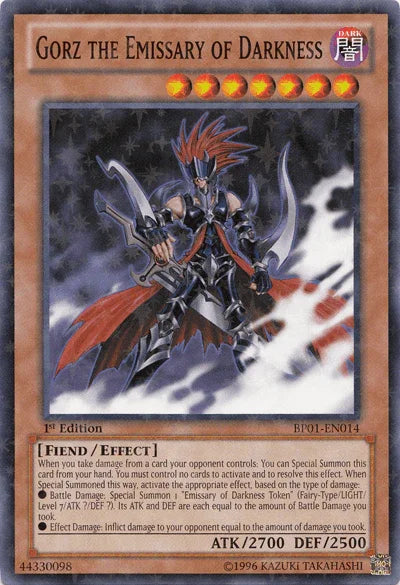 1st Edition, Battle Pack: Epic Dawn, Dark, Effect Monster, Fiend, Starfoil Rare, Unlimited Gorz the Emissary of Darkness [BP01-EN014] Starfoil Rare - Trading Card World
