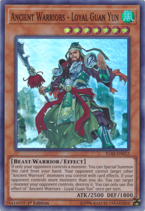 1st Edition, Beast-Warrior, Effect Monster, Ignition Assault, Super Rare, Unlimited, Wind Ancient Warriors - Loyal Guan Yun [IGAS-EN012] Super Rare - Trading Card World