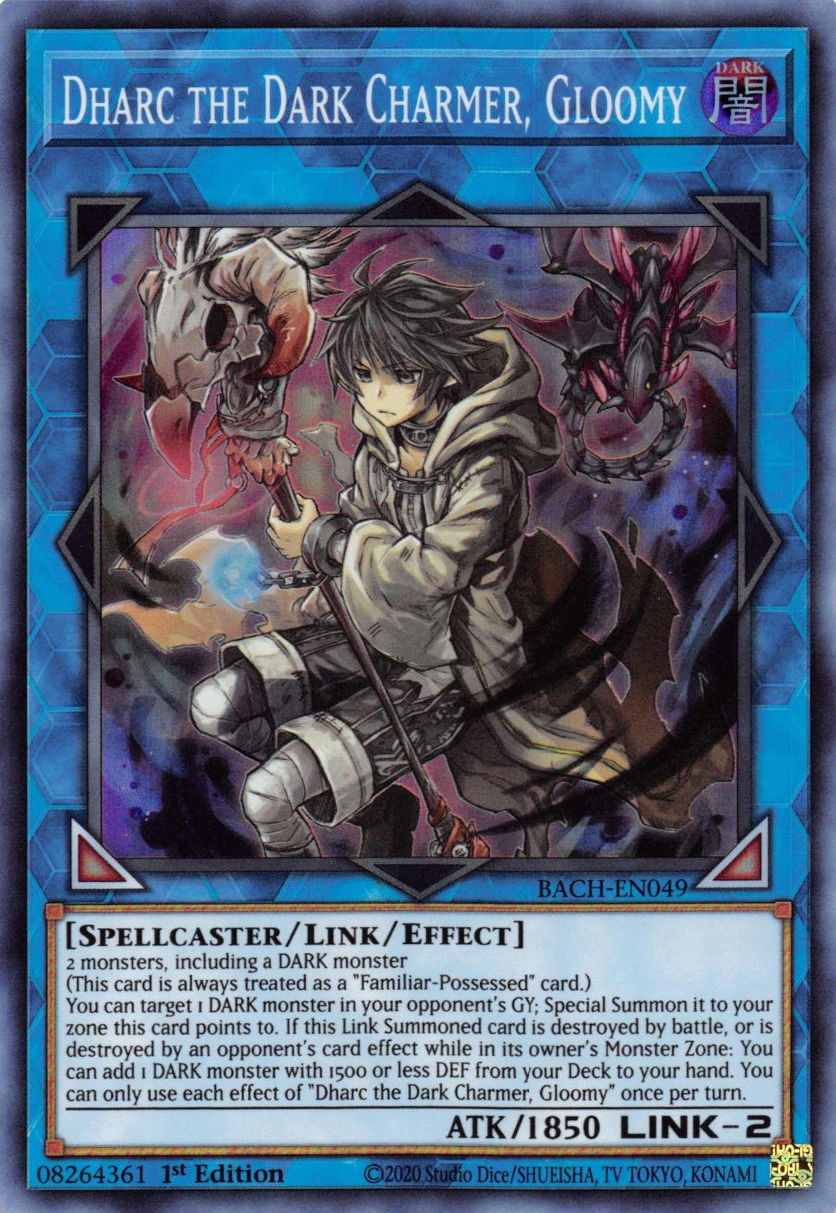 1st Edition, Battle of Chaos, Dark, Link/Effect Monster, Spellcaster, Super Rare Dharc the Dark Charmer, Gloomy [BACH-EN049] Super Rare - Trading Card World