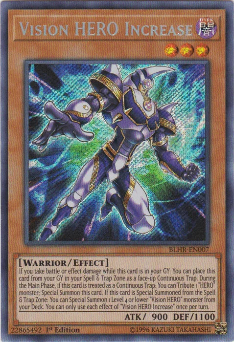 1st Edition, Battles of Legend: Hero's Revenge, Dark, Effect Monster, Secret Rare, Warrior Vision Hero Increase [BLHR-EN007] Secret Rare - Trading Card World