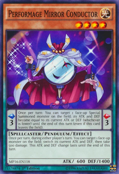 1st Edition, 2016 Mega-Tins Mega Pack, Common, Light, Pendulum/Effect Monster, Spellcaster, Unlimited Performage Mirror Conductor [MP16-EN118] Common - Trading Card World