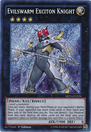 1st Edition, 2014 Mega-Tins Mega Pack, Fiend, Light, Secret Rare, Xyz/Effect Monster Evilswarm Exciton Knight [MP14-EN224] Secret Rare - Trading Card World