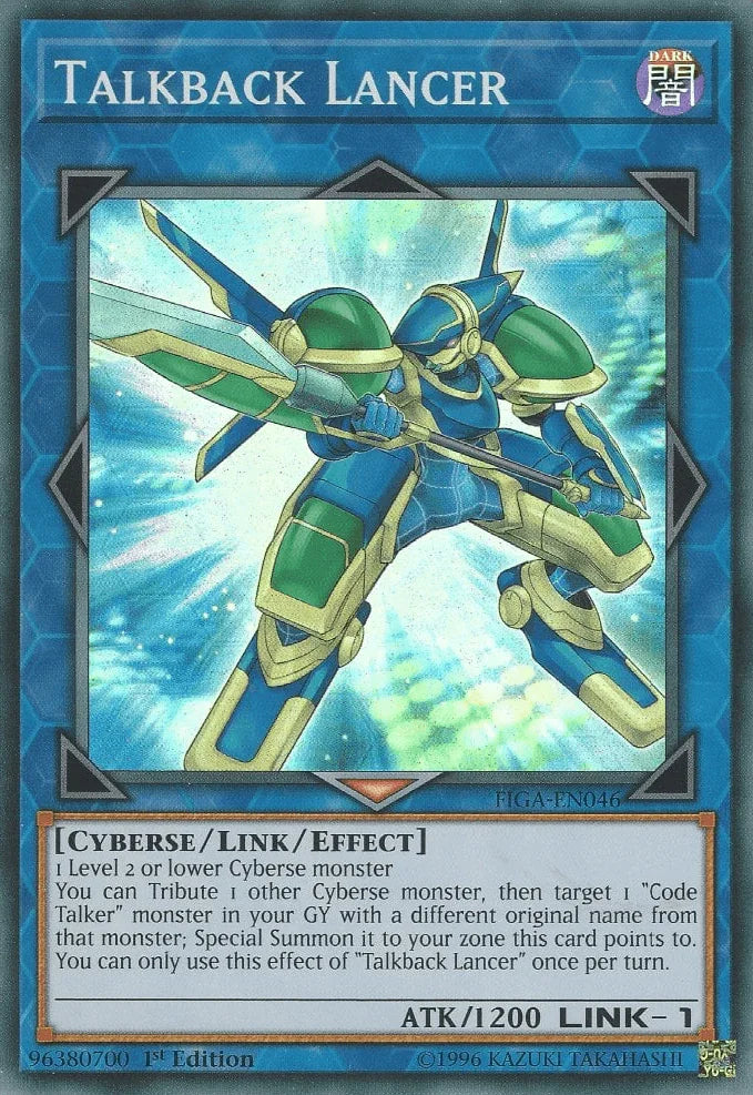 1st Edition, Cyberse, Dark, Fists of the Gadgets, Link/Effect Monster, Super Rare Talkback Lancer [FIGA-EN046] Super Rare - Trading Card World