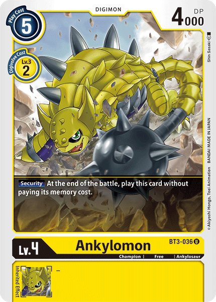 Ankylosaur, BT3-036, Champion, Digimon, Free, Release Special Booster Ver.1.5, Uncommon, Yellow Ankylomon [BT3-036] [Release Special Booster Ver.1.5] - Trading Card World