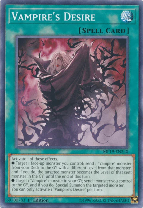 1st Edition, 2019 Gold Sarcophagus Tin Mega Pack, Common, Normal Spell, Spell, Unlimited Vampire's Desire [MP19-EN240] Common - Trading Card World