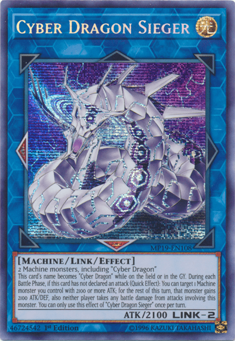 1st Edition, 2019 Gold Sarcophagus Tin Mega Pack, Light, Link/Effect Monster, Machine, Prismatic Secret Rare, Unlimited Cyber Dragon Sieger [MP19-EN108] Prismatic Secret Rare - Trading Card World
