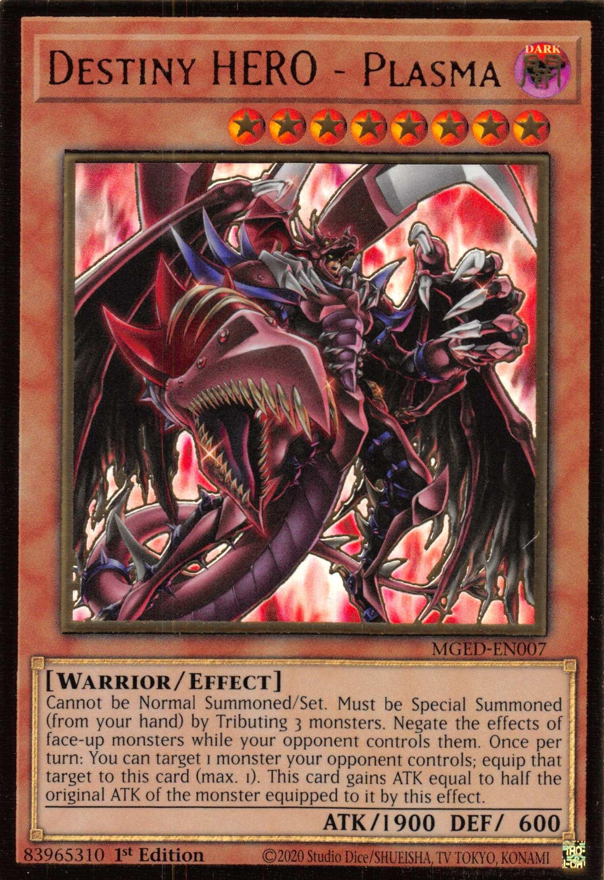 1st Edition, Dark, Effect Monster, Gold Rare, Maximum Gold: El Dorado, Warrior Destiny HERO - Plasma (Alternate Art) [MGED-EN007] Gold Rare - Trading Card World