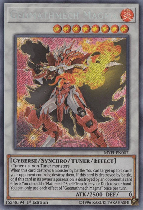 1st Edition, Cyberse, Fire, Mystic Fighters, Secret Rare, Synchro/Tuner/Effect Monster Geomathmech Magma [MYFI-EN007] Secret Rare - Trading Card World