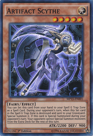 1st Edition, 2015 Mega-Tins Mega Pack, Effect Monster, Fairy, Light, Super Rare Artifact Scythe [MP15-EN001] Super Rare - Trading Card World