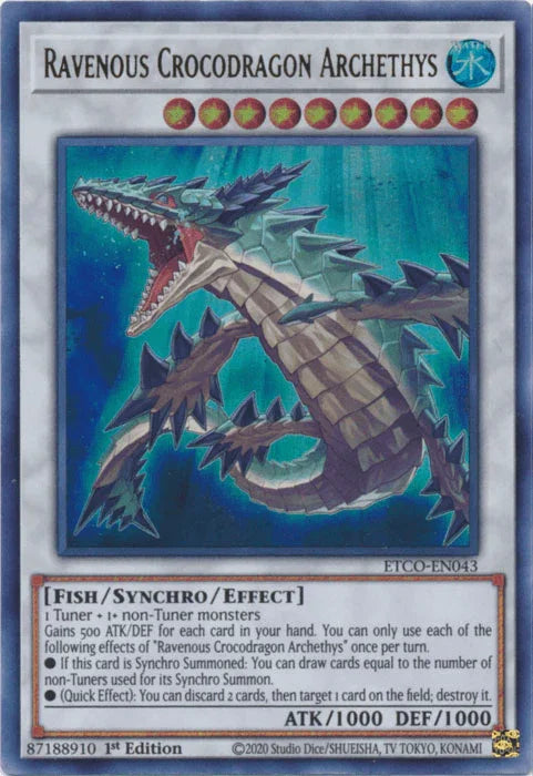 1st Edition, Eternity Code, Fish, Synchro/Effect Monster, Ultra Rare, Water Ravenous Crocodragon Archethys [ETCO-EN043] Ultra Rare - Trading Card World