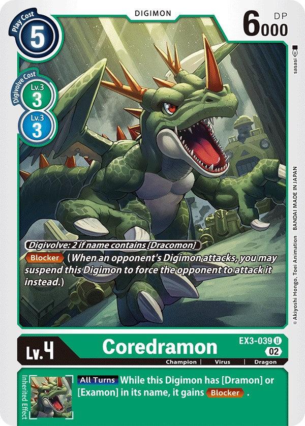 Champion, Digimon, Draconic Roar, Dragon, EX3-039, Green, Uncommon, Virus Coredramon [EX3-039] [Draconic Roar] - Trading Card World