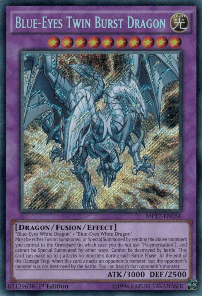 1st Edition, 2017 Mega-Tins Mega Pack, Dragon, Fusion/Effect Monster, Light, Secret Rare Blue-Eyes Twin Burst Dragon [MP17-EN056] Secret Rare - Trading Card World