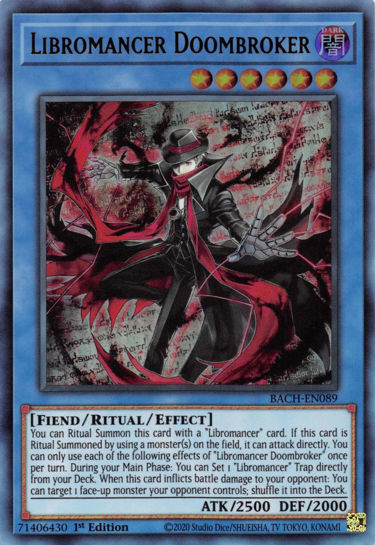 1st Edition, Battle of Chaos, Dark, Fiend, Ritual/Effect Monster, Ultra Rare Libromancer Doombroker [BACH-EN089] Ultra Rare - Trading Card World