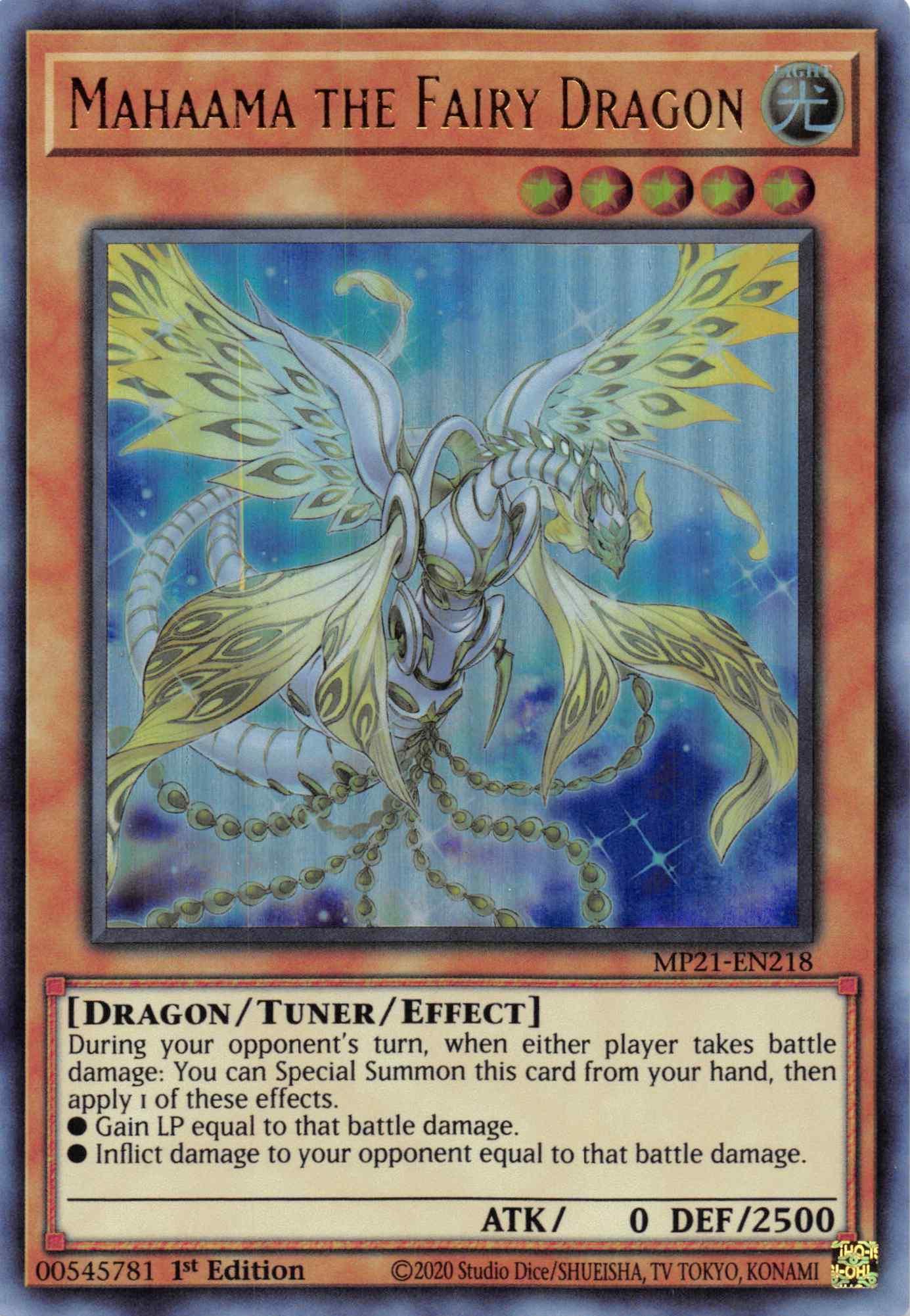 1st Edition, 2021 Tin of Ancient Battles, Dragon, Light, Tuner/Effect Monster, Ultra Rare Mahaama the Fairy Dragon [MP21-EN218] Ultra Rare - Trading Card World